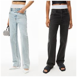 Y057 Nova primavera jeans vintage outono feminino moderno design de luxo versátil em toda a letra logo calças retas calças soltas