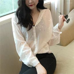 Women's Blouses Vangull Fashion White Sequins Star Print Women Shirts Long Sleeve Loose Single Breasted Lady Tops Turn-down Collar Female