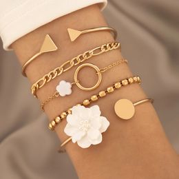 Pretty Flowers Hollow Geometry Bracelets for Women Charms Gold Colour Alloy Metal Jewellery 5pcs/sets Accessories