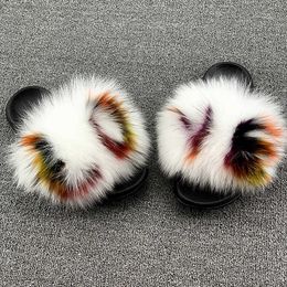 Slippers Natural Raccoon Fur Slippers 2022 Summer Flip Flops Woman Shoes Fluffy Slippers Ladies Luxury Real Fox Fur Flats Slides Slippers Z0317