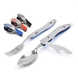 Dinnerware Sets 4 In 1 Portable Tableware Set Camping Cooking Supplies 1pcs Stainless Steel Spoon Folding Pocket Kits Home Picnic Travel