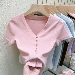 Women's T Shirts Film Pearl Buttons Short Sleeve T-shirt Girl Summer V-neck Inside Take Western Style Han Edition Design Feeling Half