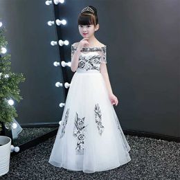 Girl's Dresses KIds Princess Dress Puffy Yarn Children's Host Evening White Flower Comes For Girls 2023 Wedding Piano Performance Spring