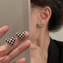 Stud Earrings 925 Silver Needle Anti-allergy Advanced Feeling Checkerboard Love Small Fairy Tale Sweet Female