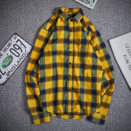 Men's Casual Shirts Spring Autumn Long Sleeves Flannel Collar Korea Style Green Red Shirt For Men Plaid Harajuku Clothing