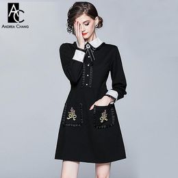 Casual Dresses S-XXL Autumn Winter Woman Dress White Collar Cuff Flower Pattern Pockets Black Beading Bow A-line Cute Mini