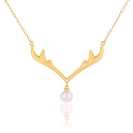 Chains TZ4 ZFSILVER S925 Sterling Silver Fashion Gold Love Antler Dangle Freshwater Pearl Necklace For Women Wedding Chram Jewellery Gift