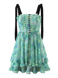 Casual Dresses Women Summer Fashion Cute Floral Print Mini Dress Vintage Pleated Spaghetti Strap Bow French Style Vestidos MujerCasual