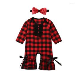 Clothing Sets Infant Baby Girl Clothes Plaids Long Sleeve Romper Jumpsuit Bodysuit Outfits Xmas Headband