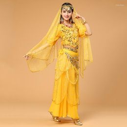 Stage Wear Women Bollywood Dance 4-piece Set Costume Veil Headdress Top Coin Belt And Skirt Belly Costumes 6 Colours