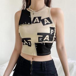 Women's Tanks Streetwear Tank Tops Women Hip Hop Color Block Patchwork Letter Print Slim Short Top Sexy Sleeveless Croptops Harajuku