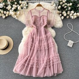 French Tea Break Pink Temperament Yarn Dress Summer New Style Waist Wrapped Slim Super Sweet Dress