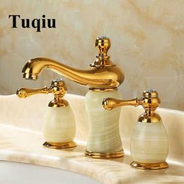 Bathroom Sink Faucets Basin Faucet Gold Brass Jade 3 Hole Widespread Mixer Double Handle And Cold Water Tap Arrival