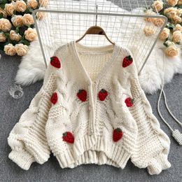 Women's Knits Womens Autumn Sweet Strawberries Sweater Cardigan V Neck Twisted Knitted 3D Strawberry Top