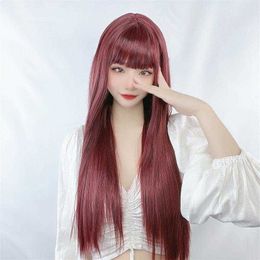 Wig Female Wine Red Long Straight Hair Internet Celebrity Temperament Face