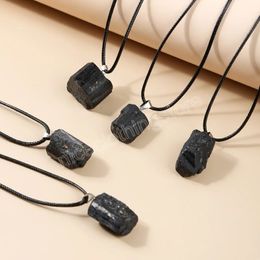 Natural Black Tourmaline Rough Pendant Necklace Men Women Irregular Cylinder Raw Stone Personality Healing Energy Jewellery