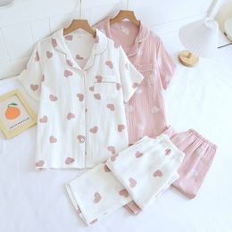 Womens Sleepwear 3 Colours Spring Summer Pyjamas For Women 100% Cotton Crepe Love Print Homewear Set Simple Fresh Two Piece Female Home Suits 230317