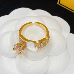 2023 Designer New Fenjia Letter Rhinestone Brass Adjustable Open Fashion Small Design Colorless Ring