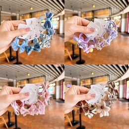 5 Pair New Fashion Sweet Girl Princess Ponytail Hair Accessories Korean Children's Cute Fabric Bow Flower Rubber Band Hair Rope