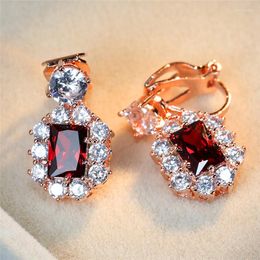 Backs Earrings Female Luxury Crystal Red Clip Charm Rose Gold Silver Color For Women Blue Green Zircon Stone Wedding