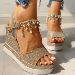 Sandals Women Ladies Fashion Tassel Beaded Wedge Heel Thick Crystal Pearl High Heels Bohemian Wind Cool Shoes Platform SandalsSandals