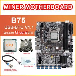 Motherboards -B75 12 Card BTC Mining Motherboard CPU Fan Thermal Grease Metal Button Switch Cable 12USB3.0 Slot LGA1155 DDR3 RAM MSATA