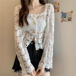 Women's Blouses Crochet Top 2023 Kimono Cardigan Crop Tops Lace Long Sleeve White Blouse Women Square Neck Shirts Hollow Out Blusas Tunics