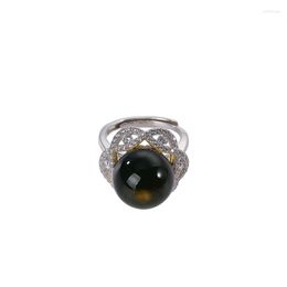 Cluster Rings S925 Sterling Silver Natural Mexican Blue Amber Ring Personality Fashion Temperament Lace Ladies Opening