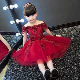 Girl's Dresses New Shoulderless Flower Girls Dresses For Wedding Appliques Formal Girl Birthday Party Dress Red Lace Princess Ball Gown