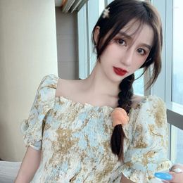 Women's Blouses Summer Floral One-shoulder Puff Sleeve Chiffon Female Square Collar Super Fairy Design Short-sleeved Shirt