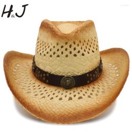 Berets Handmade Weave Men Western Cowboy Hat With Punk Leather Band Size 58CM A0132Berets Pros22