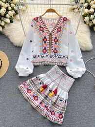 Work Dresses Embroidered Vintage Two-piece Suit Women's 2023 Spring Summer Long-sleeved Shirt Top High Waist A-line Short Skirt Trendy