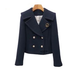 Jaquetas femininas de gola virada para baixo, azul marinho, de lã, casaco curto com abotoamento duplo SMLXLXXL