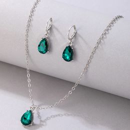 Luxury Green Rhinestone Water Drop Earrings for Women Elegant Geomery Alloy Pendant Wedding Jewellery Set Collar