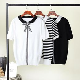 Women's T Shirts 2023 Summer Lapel Collar Bow Women Clothes Girls College Style Cute Knitted Tops Short Sleeve Black White Stripe Top