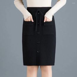 Skirts Black Knitted Skirt Midi Slim Women Pocket Single-breasted Hip Wrap Autumn Winter Korean Fashion Harajuku Elegant Knitting