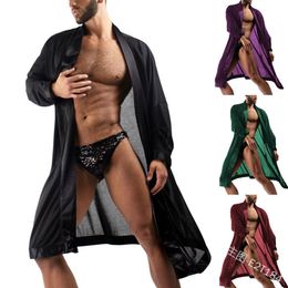 Men's Robes European and American Men's Solid Colour Long-Sleeved Cardigan Mid-Length Sexy Night-Robe Pyjamas Mens Robe 230320