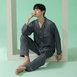 Men's Sleepwear Summer ice silk long sleeve trousers pajamas sets men fashion plaid male casual sleepwear men pyjamas 5E3001 230320