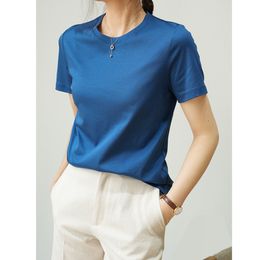 Women's T-Shirt Summer Women Silk T-shirts Blue Round Neck Mercerized Cotton Short Sleeve Solid T-shirts Casual Tops 66% Cotton 230320