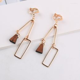 Backs Earrings Natural Wood Asymmetric Clip For Female Geometry Hollow Alloy Without Piercing Ethnic Fashion Statement Girls Jewellery