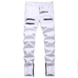 Men's Jeans Punk Men Zipper Hip Hop Slim Fit White Bike Elastic Split Denim Pants Cotton Fashion Casual Jogging Male Clothing 230320