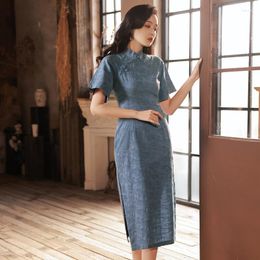 Ethnic Clothing Long Cheongsam Chinese Improved Elegant Lace Qipao Dress Blue Women Short Sleeves Retro Style Sexy Oriental Traditional