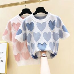 Women's T-Shirt Plus Size 5XL Summer Short Sleeve Love Jacquard Knitted Tops Women's O-Neck Korean Beaded Pearl T-shirt Elegant Knitwear Tees 230320