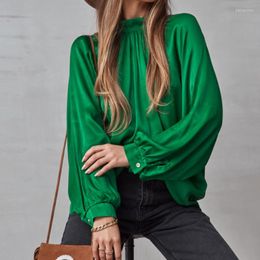 Women's Blouses 2023 Spring Lantern Sleeve Satin Silk Green Blouse Women Office Ladies Shirts Casual Solid Summer Female Party Tops