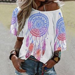 Women's Blouses Women Boho Loose Top Summer Blouse T Shirt One Floral Printed Shoulder Women's Bulk Athletic Shirts