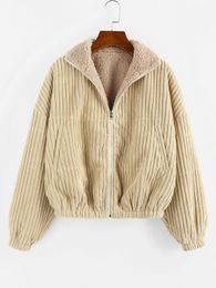 Women's Jackets Reversible Corduroy Coat Female Drop Shoulder Zip Up Teddy Jacket Winter Turn Down Collar Outwear Clothe 230317