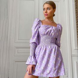 Casual Dresses Purple Floral Pattern Fresh European And American Style Women's Bubble Sleeve Dress Temperament Square Collar Skirt Y2k