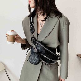 Waist Bags Chain Fanny Pack Women Black Leather Luxury Chest Fashion Lady 2-IN-1 Shoulder Crossbody Female Belt 220711