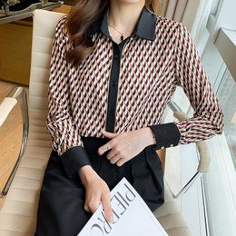 Women's Blouses Summer Women's Clothing Polo Shirt Long Sleeve Tops Stitching Girl Chiffon Casual Fashion Lattice Loose