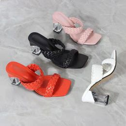 Women Transparent Sandals Block Fashion High Heel Shoes Weave Pumps Female Square Toe Sandal Slip on Ladies Shoe Plus Size